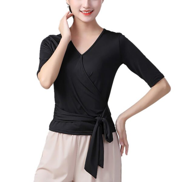 Whitewed Adult women's Faux Wrap Tie Waist Sleeve Dance Yoga Gym Top T Shirts V Neck - Image 6