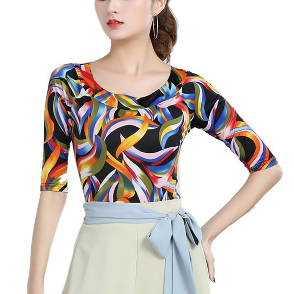 Whitewed Sleeve Print Multicolored Wide Border Around Neckline Dance Tops T Shirts