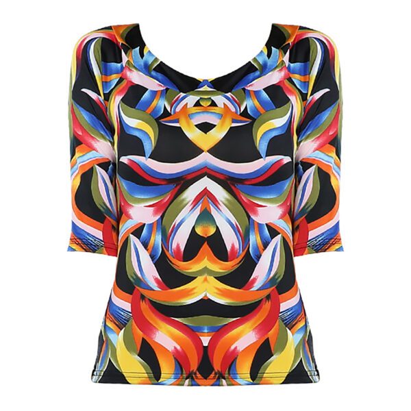 Whitewed Sleeve Print Multicolored Wide Border Around Neckline Dance Tops T Shirts - Image 2