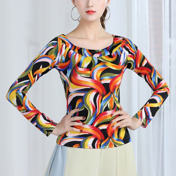 Whitewed Sleeve Print Multicolored Wide Border Around Neckline Dance Tops T Shirts - Image 9