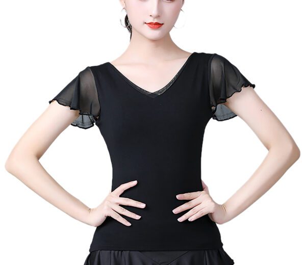 Whitewed Women Adult Short Frill Sleeves V Front V Back Latin Ballroom Dance Tops T Shirts