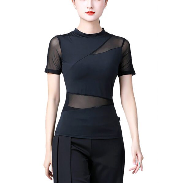 Whitewed women's Asymmetric High Collar Mesh Insert Panel Dance Shirts Tops With Sleeves