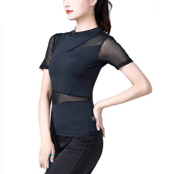 Whitewed women's Asymmetric High Collar Mesh Insert Panel Dance Shirts Tops With Sleeves - Image 2