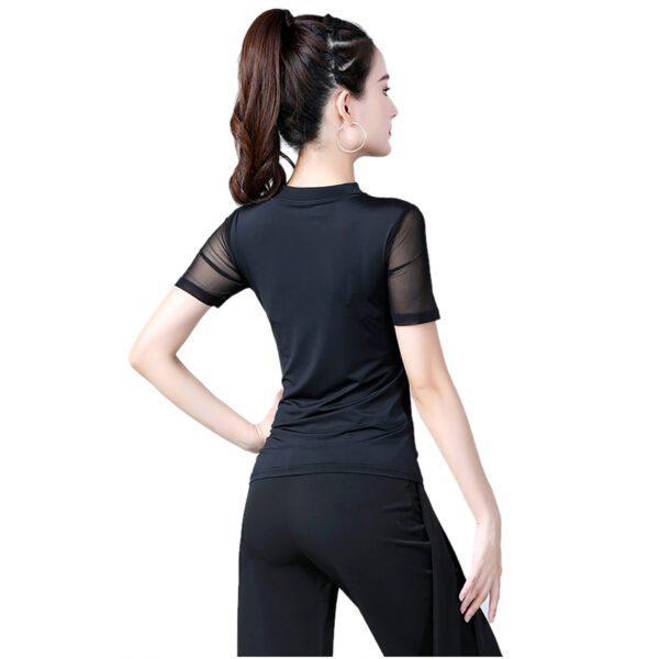 Whitewed women's Asymmetric High Collar Mesh Insert Panel Dance Shirts Tops With Sleeves - Image 3