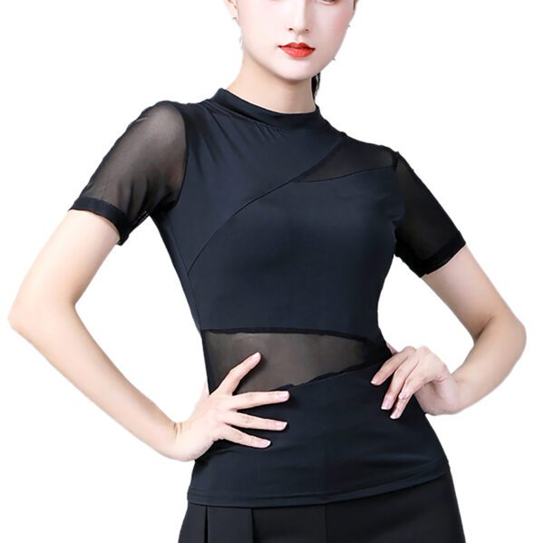 Whitewed women's Asymmetric High Collar Mesh Insert Panel Dance Shirts Tops With Sleeves - Image 4