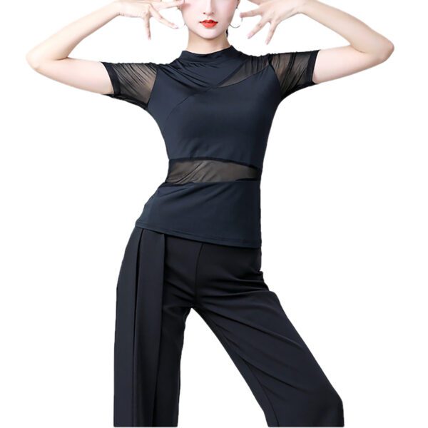 Whitewed women's Asymmetric High Collar Mesh Insert Panel Dance Shirts Tops With Sleeves - Image 5