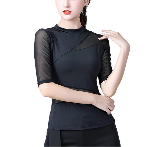 Whitewed women's Asymmetric High Collar Mesh Insert Panel Dance Shirts Tops With Sleeves - Image 6