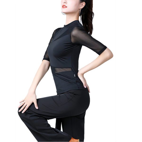 Whitewed women's Asymmetric High Collar Mesh Insert Panel Dance Shirts Tops With Sleeves - Image 7