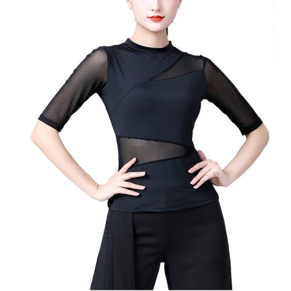 Whitewed women's Asymmetric High Collar Mesh Insert Panel Dance Shirts Tops With Sleeves - Image 9