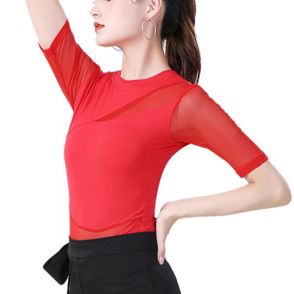 Whitewed women's Asymmetric High Collar Mesh Insert Panel Dance Shirts Tops With Sleeves - Image 11