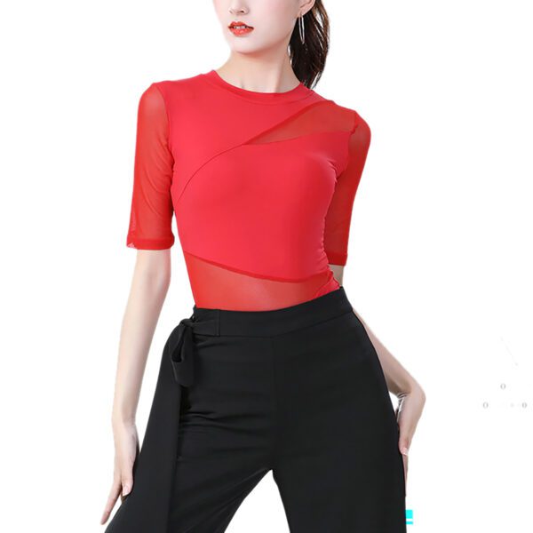 Whitewed women's Asymmetric High Collar Mesh Insert Panel Dance Shirts Tops With Sleeves - Image 12