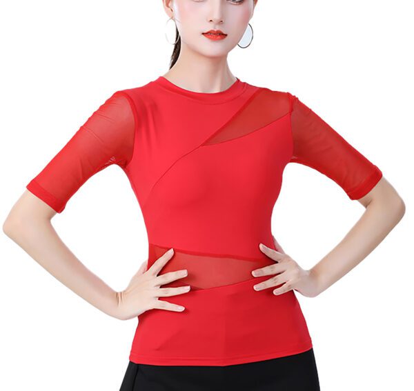 Whitewed women's Asymmetric High Collar Mesh Insert Panel Dance Shirts Tops With Sleeves - Image 15