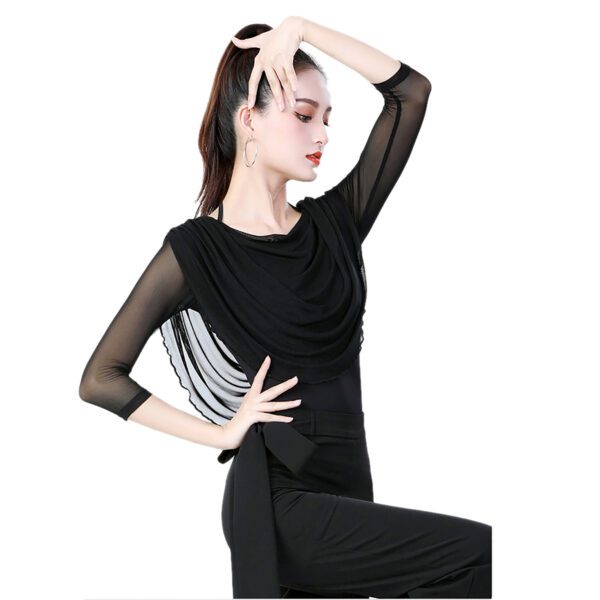 Whitewed Strap Tie Back Sheer Mesh 3/4 Sleeve Draped Cowl Neck Ballroom Latin Dance Top - Image 3