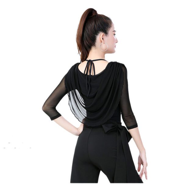 Whitewed Strap Tie Back Sheer Mesh 3/4 Sleeve Draped Cowl Neck Ballroom Latin Dance Top - Image 4