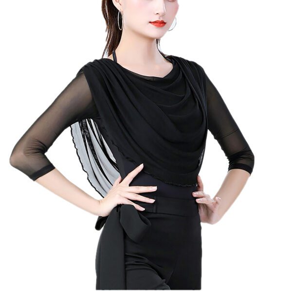 Whitewed Strap Tie Back Sheer Mesh 3/4 Sleeve Draped Cowl Neck Ballroom Latin Dance Top - Image 5