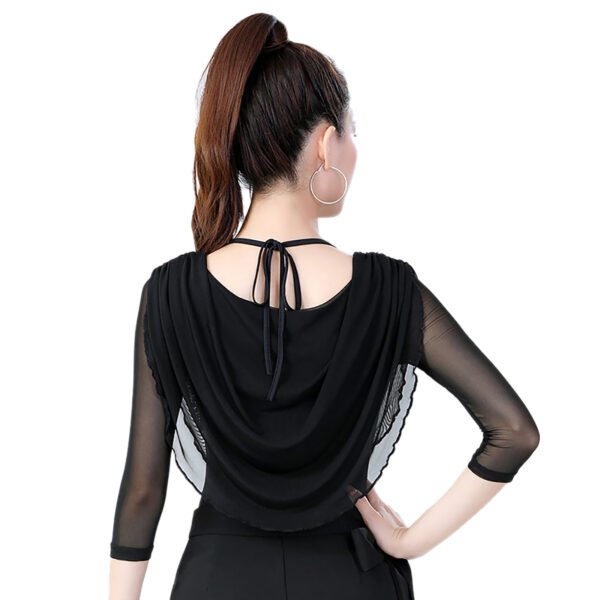 Whitewed Strap Tie Back Sheer Mesh 3/4 Sleeve Draped Cowl Neck Ballroom Latin Dance Top - Image 6