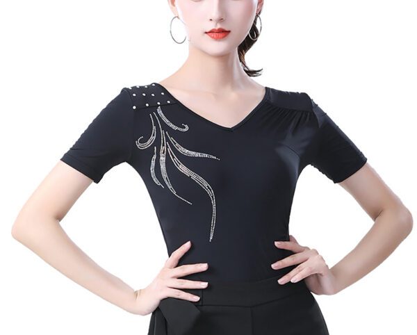 Whitewed V Neck Gathered Shoulder Rhinestone Latin Ballroom Dance Clothes Tops