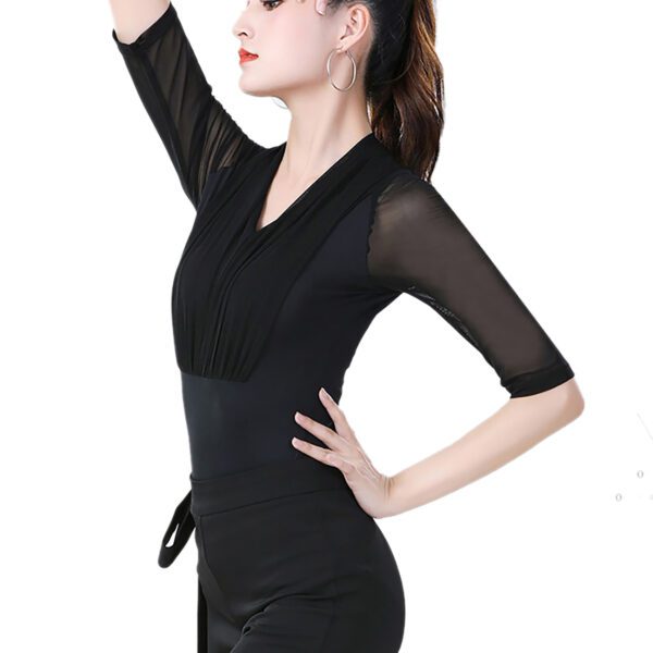 Whitewed Shawl Collar V Neck Sheer Mesh Half Sleeve Latin Ballroom Dance Bodysuit Leotard Top - Image 3