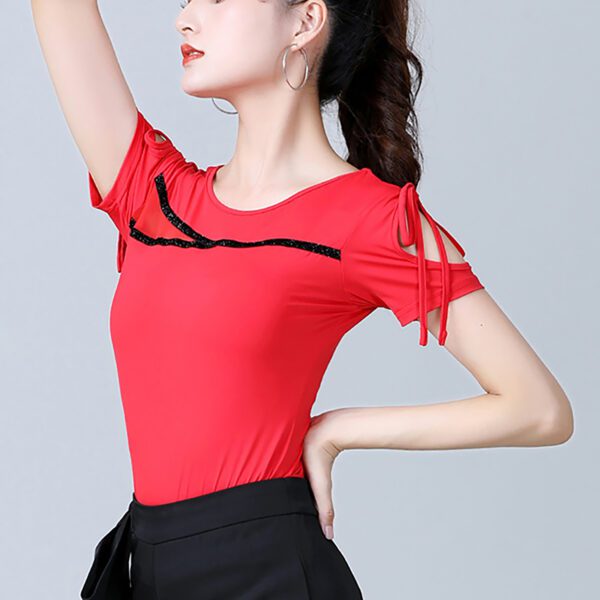 Whitewed Short Sleeve Mesh Insert Shoulder Cutout Dance Top Salsa Dancing T Shirts - Image 7