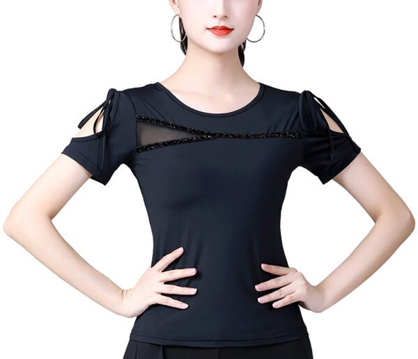 Whitewed Short Sleeve Mesh Insert Shoulder Cutout Dance Top Salsa Dancing T Shirts - Image 9