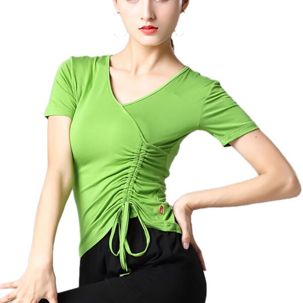 Whitewed women's Faux Wrap V Neck Drawstring Dance Yoga Fitness Running Tops T Shirts With Sleeves