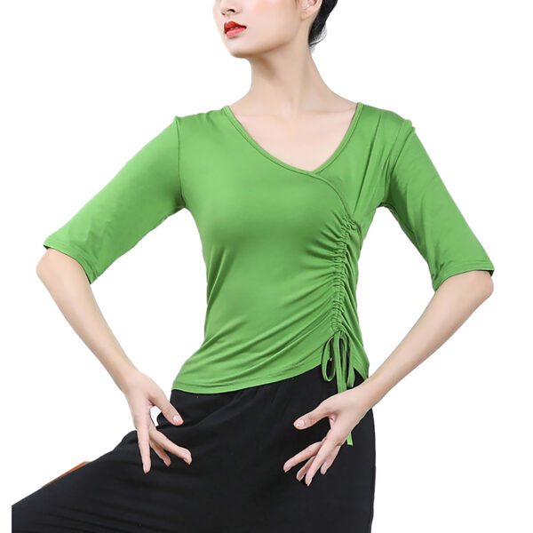 Whitewed women's Faux Wrap V Neck Drawstring Dance Yoga Fitness Running Tops T Shirts With Sleeves - Image 4