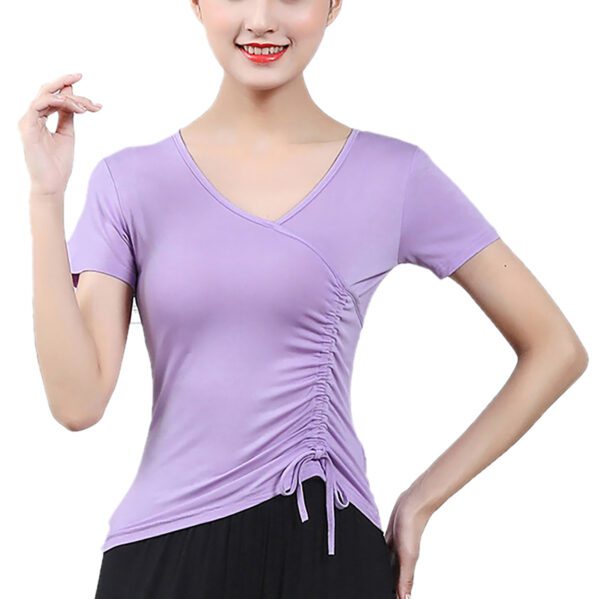 Whitewed women's Faux Wrap V Neck Drawstring Dance Yoga Fitness Running Tops T Shirts With Sleeves - Image 25