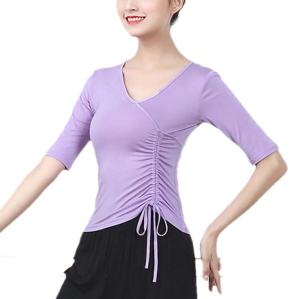 Whitewed women's Faux Wrap V Neck Drawstring Dance Yoga Fitness Running Tops T Shirts With Sleeves - Image 26