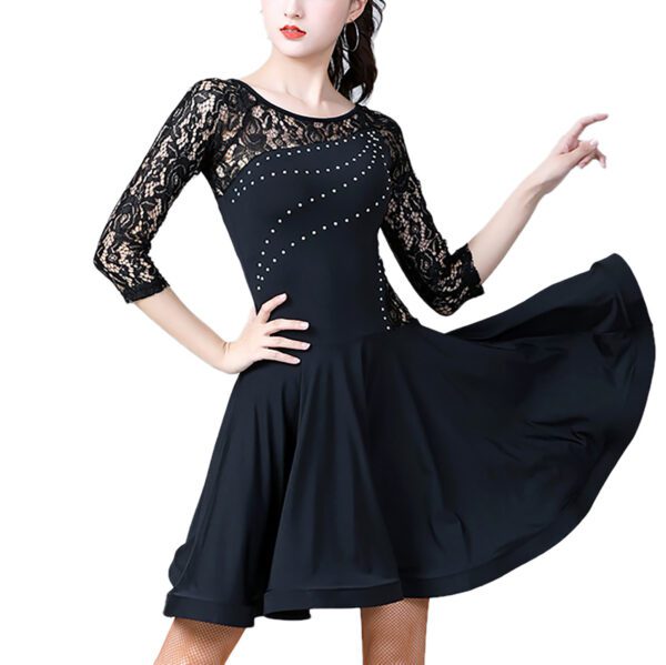 Whitewed Ladies Rhinestone Latin Dance Dress With Sheer Lace Yoke Lace 3/4 Sleeves