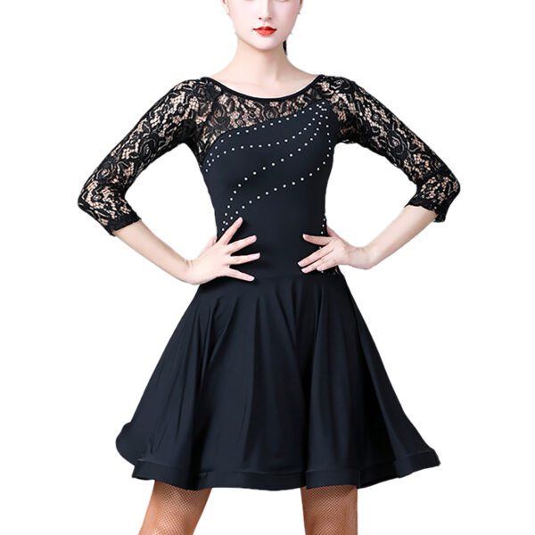 Whitewed Ladies Rhinestone Latin Dance Dress With Sheer Lace Yoke Lace 3/4 Sleeves - Image 2