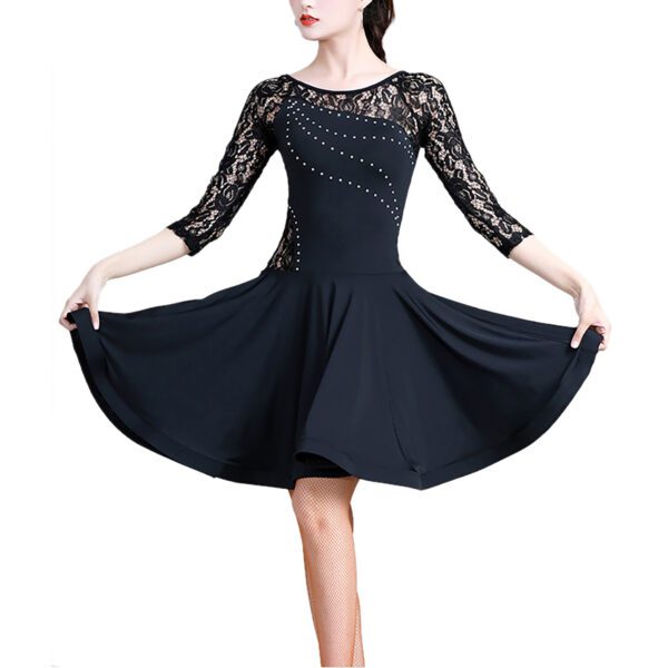 Whitewed Ladies Rhinestone Latin Dance Dress With Sheer Lace Yoke Lace 3/4 Sleeves - Image 3