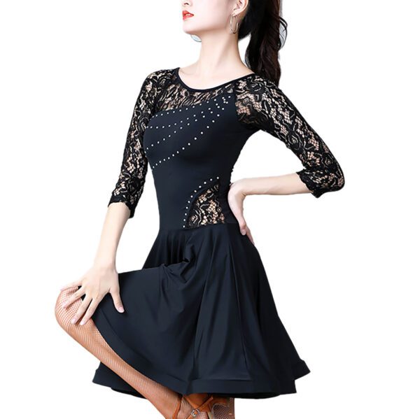 Whitewed Ladies Rhinestone Latin Dance Dress With Sheer Lace Yoke Lace 3/4 Sleeves - Image 4