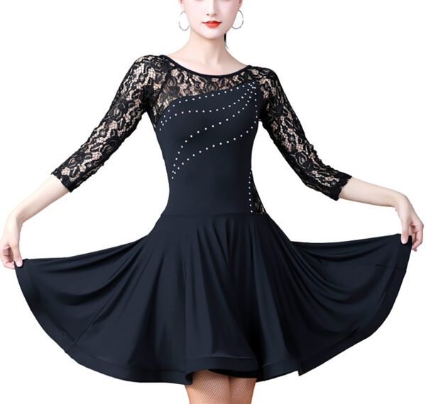 Whitewed Ladies Rhinestone Latin Dance Dress With Sheer Lace Yoke Lace 3/4 Sleeves - Image 5