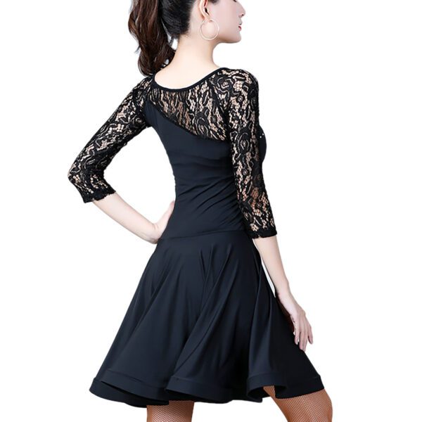 Whitewed Ladies Rhinestone Latin Dance Dress With Sheer Lace Yoke Lace 3/4 Sleeves - Image 6