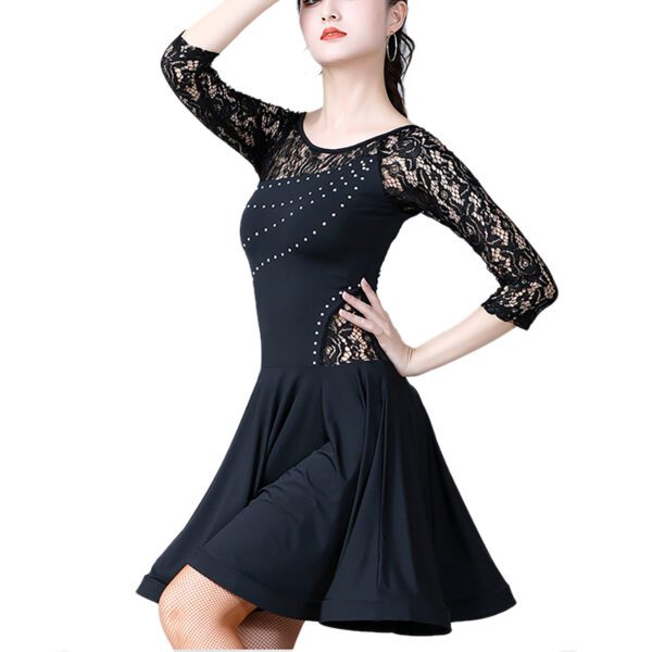 Whitewed Ladies Rhinestone Latin Dance Dress With Sheer Lace Yoke Lace 3/4 Sleeves - Image 11