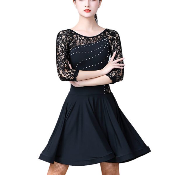 Whitewed Ladies Rhinestone Latin Dance Dress With Sheer Lace Yoke Lace 3/4 Sleeves - Image 12