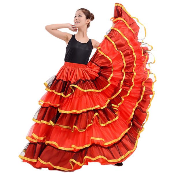 Whitewed Long Puffy Tiered Ruffle Mexican Spanish Flamenco Practice Clothes Circle Skirt With Ribbon