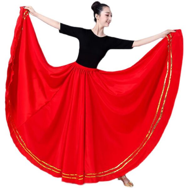 Whitewed Women'S Satin Long Circle Flamenco Belly Dance Skirt With Two Rows Of Ribbon