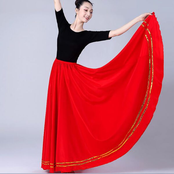 Whitewed Women'S Satin Long Circle Flamenco Belly Dance Skirt With Two Rows Of Ribbon - Image 2