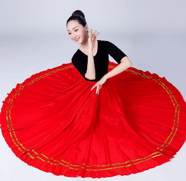 Whitewed Women'S Satin Long Circle Flamenco Belly Dance Skirt With Two Rows Of Ribbon - Image 3