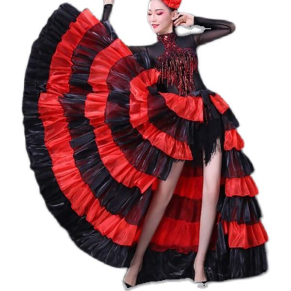 Whitewed Women'S Self Tie Up Long Ruffle Ballroom Paso Doble Spanish Flamenco Dance Performance Skirt Front Opening