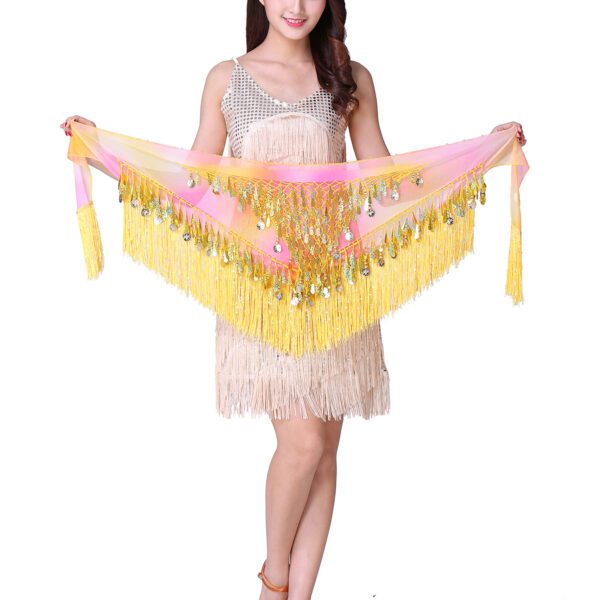 Whitewed Chiffon Tie-Dye Triangle Hip Scarf with Teardrop Paillette Fringe Coins - Image 4