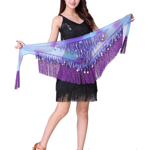 Whitewed Chiffon Tie-Dye Triangle Hip Scarf with Teardrop Paillette Fringe Coins - Image 9