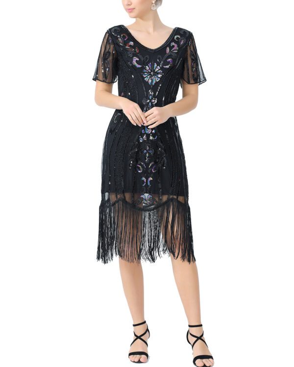 Whitewed Shimmer Tulle Overlay Short Sleeve  V Neck Flapper Dresses With Sequins Beads Tassels