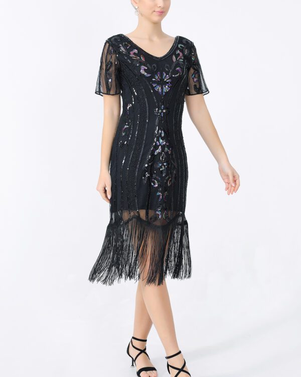 Whitewed Shimmer Tulle Overlay Short Sleeve  V Neck Flapper Dresses With Sequins Beads Tassels - Image 2