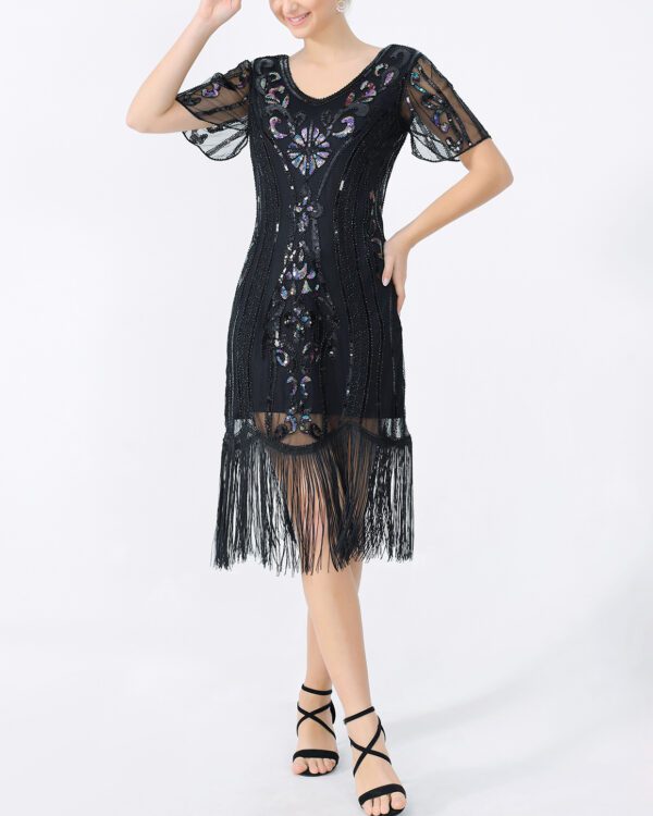 Whitewed Shimmer Tulle Overlay Short Sleeve  V Neck Flapper Dresses With Sequins Beads Tassels - Image 3