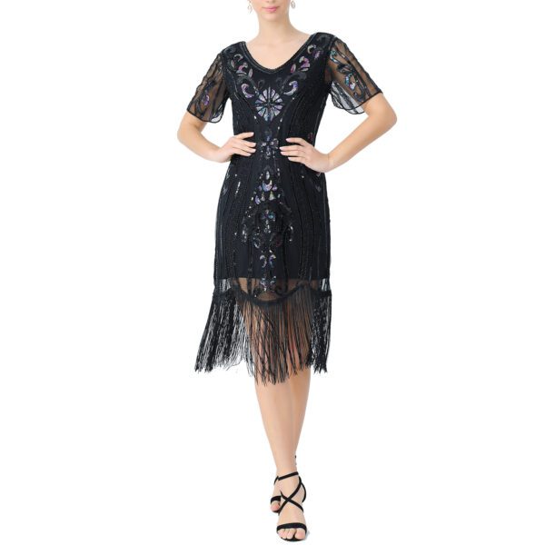 Whitewed Shimmer Tulle Overlay Short Sleeve  V Neck Flapper Dresses With Sequins Beads Tassels - Image 5