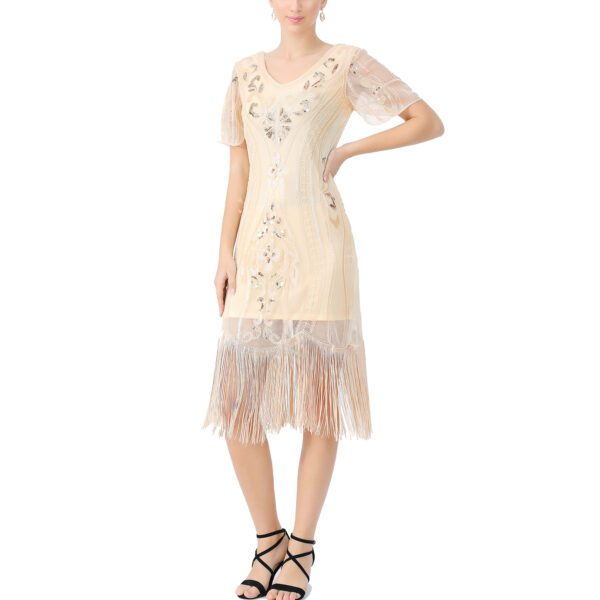 Whitewed Shimmer Tulle Overlay Short Sleeve  V Neck Flapper Dresses With Sequins Beads Tassels - Image 14