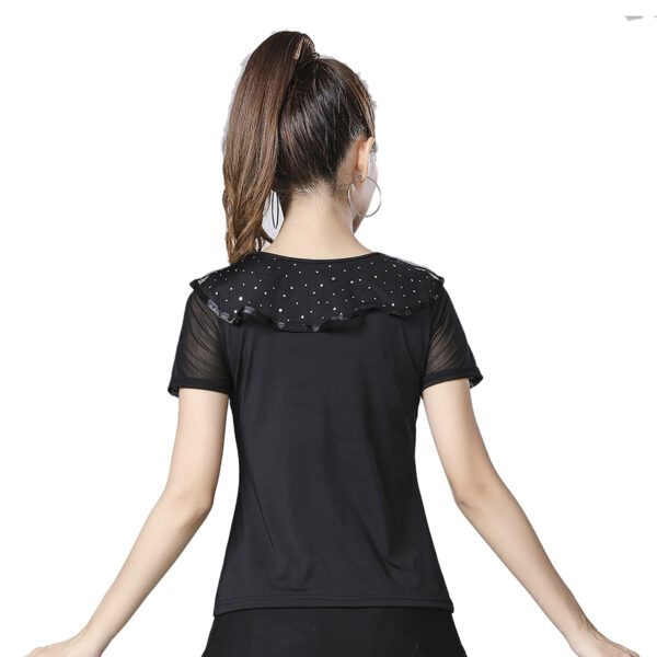 Whitewed Sheer Short Sleeves V Neck Ruffled Top Frilled Decoration Latin Ballroom Dance Top - Image 2