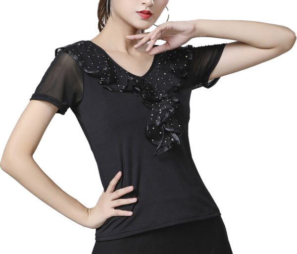 Whitewed Sheer Short Sleeves V Neck Ruffled Top Frilled Decoration Latin Ballroom Dance Top - Image 3